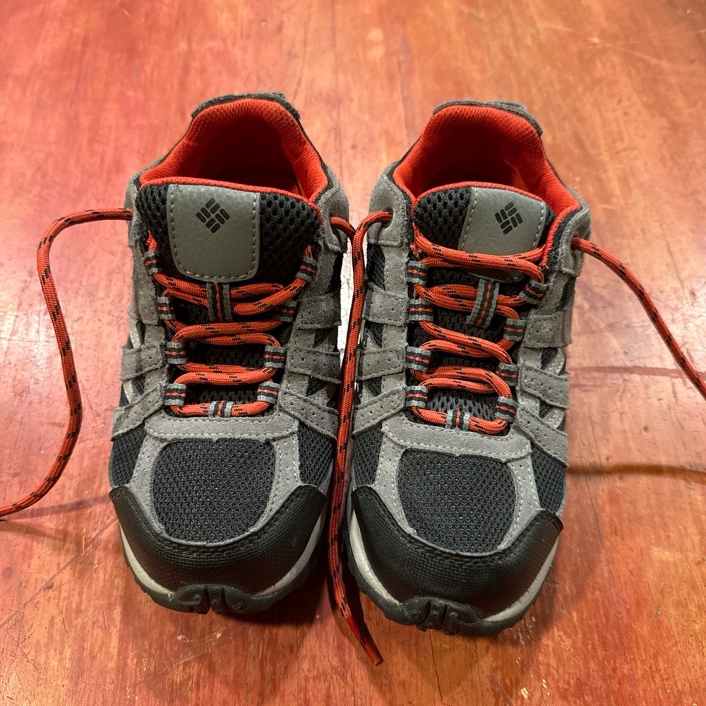 Gray and Black Athletic Shoes with Red Accents